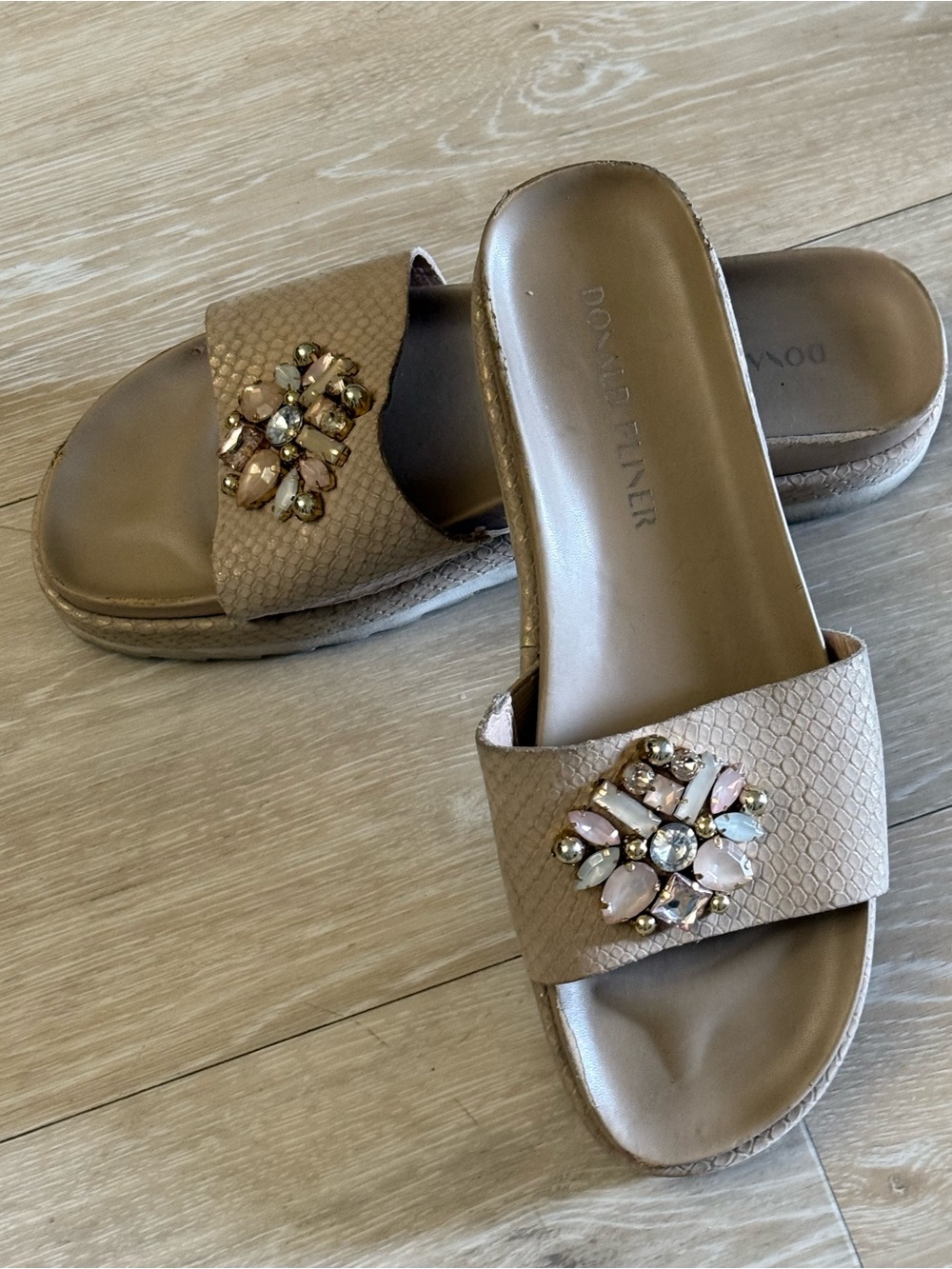 Donald J. Pliner Taupe Jeweled Slide Mules